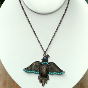 Bronze tone w/ blue accent bird necklace